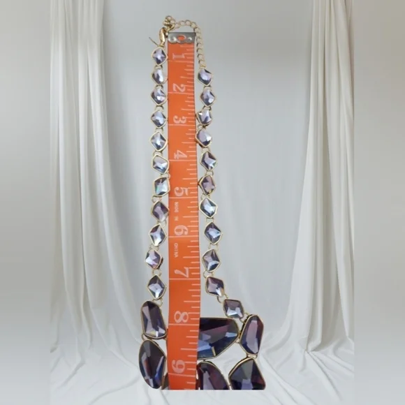 Vintage Lavender Chunky Big Long Glass Stone Gold Tone  Statement Necklace - Picture 5 of 9